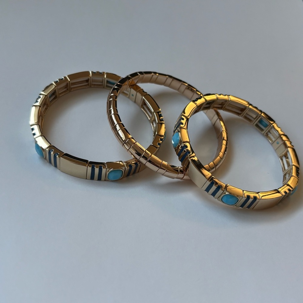 Roxanne Assoulin Gold Stretch Bracelet Set with Turquoise and Navy Details - Picture 3 of 5